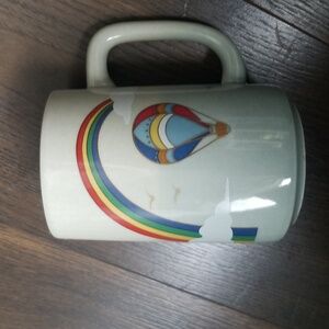 Vintage Otagiri coffee mug with rainbow and hot air balloon, seagulls,  clouds.
